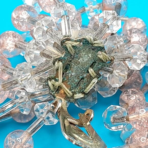 Vintage Pink Clear Waterfall Clip Earrings, Hand-Threaded, 1940s, 2" - Picture 8 of 12